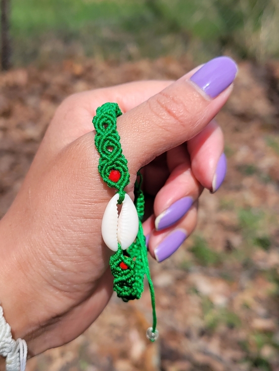 Earth Art hand crafted artisan Jewelry - Green Macramé Shell Bracelet - Handmade Beach Jewelry